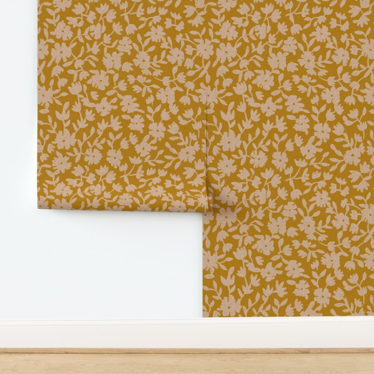 Golden Botanical Beige Flowers Boho Block Print Faux Texture Country Farmhouse Custom Removable Wallpaper by Spoonflower Peel & Stick Wallpaper 2FT Wide